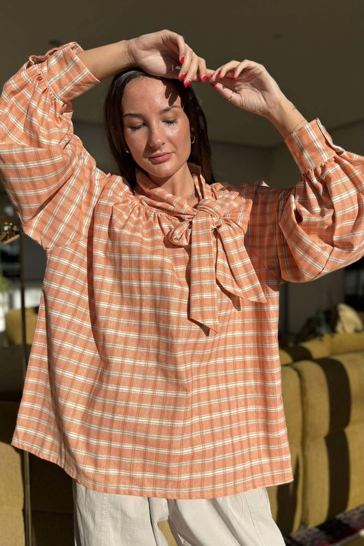 Ophelia Plaid Tie Neck Blouse Soft Aperol /15